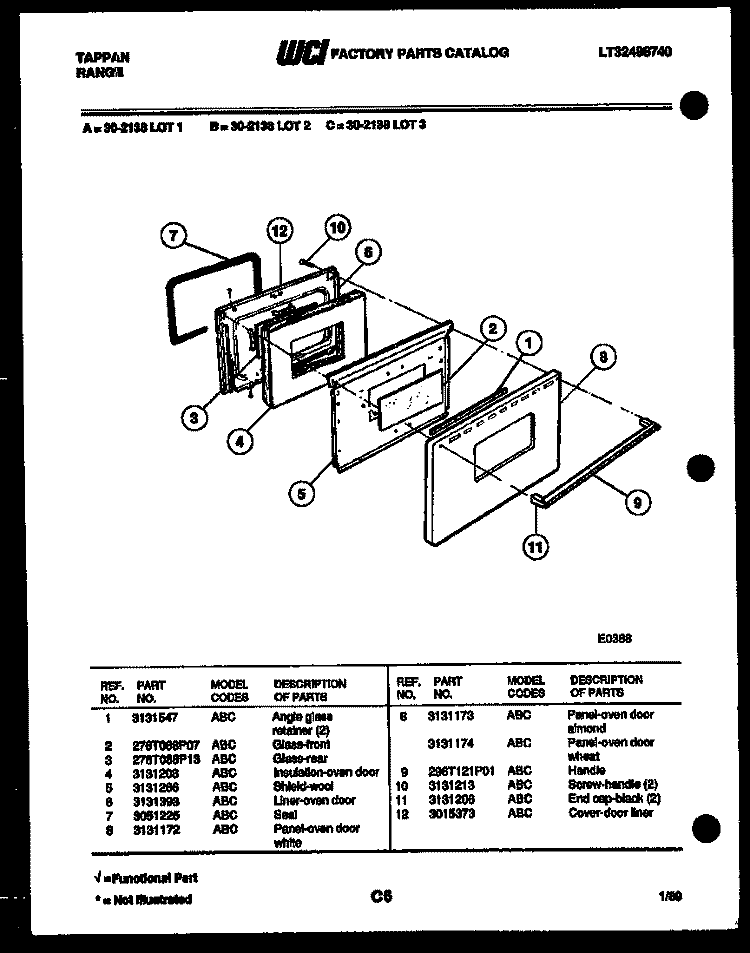 DOOR PARTS Diagram and Parts List for 30-2138-66-02  Tappan Range