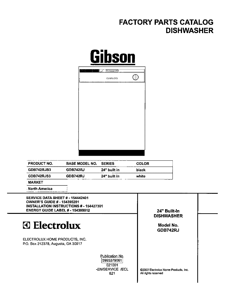 COVER Diagram and Parts List for GDB742RJS3  Gibson Dishwasher
