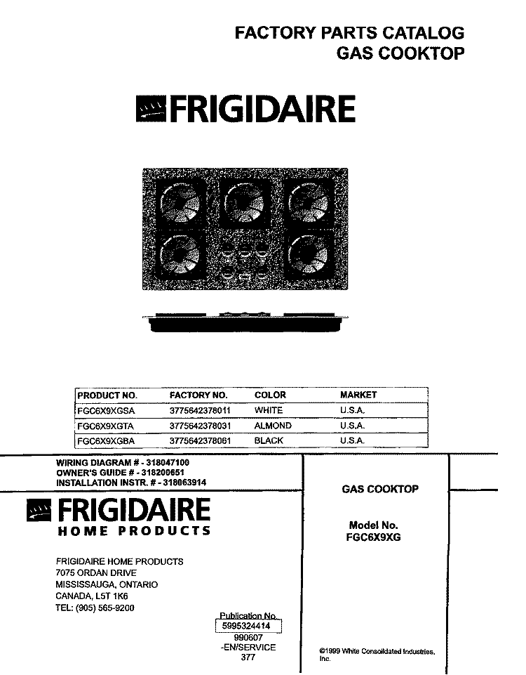 COVER Diagram and Parts List for FGC6X9XGSA  Frigidaire Cooktop