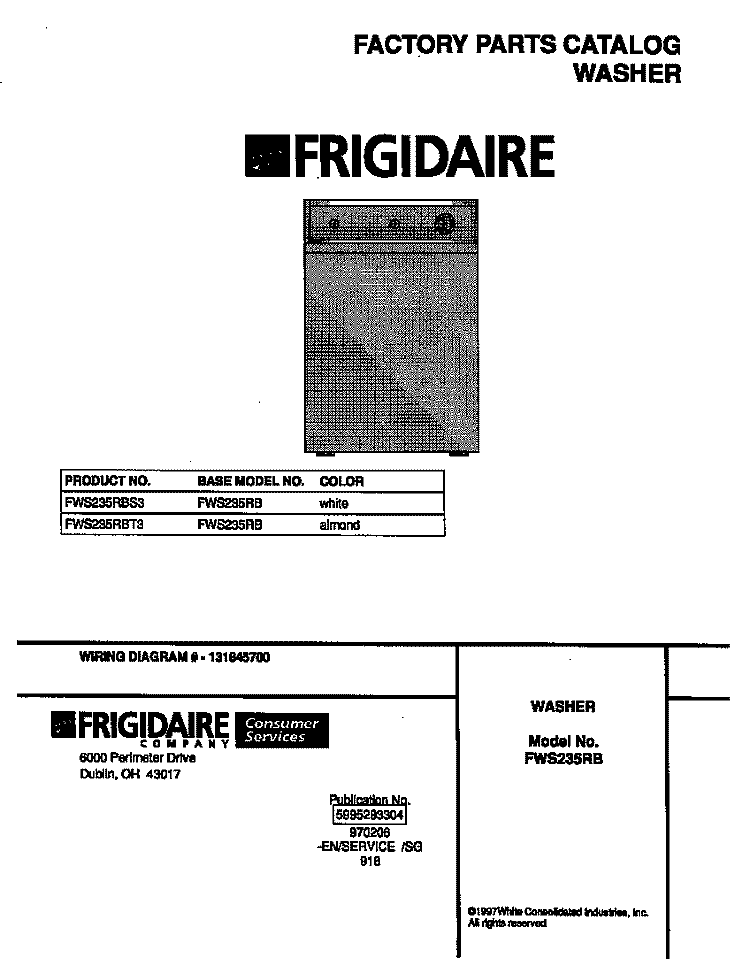 COVER Diagram and Parts List for FWS235RBS3  Frigidaire Washer