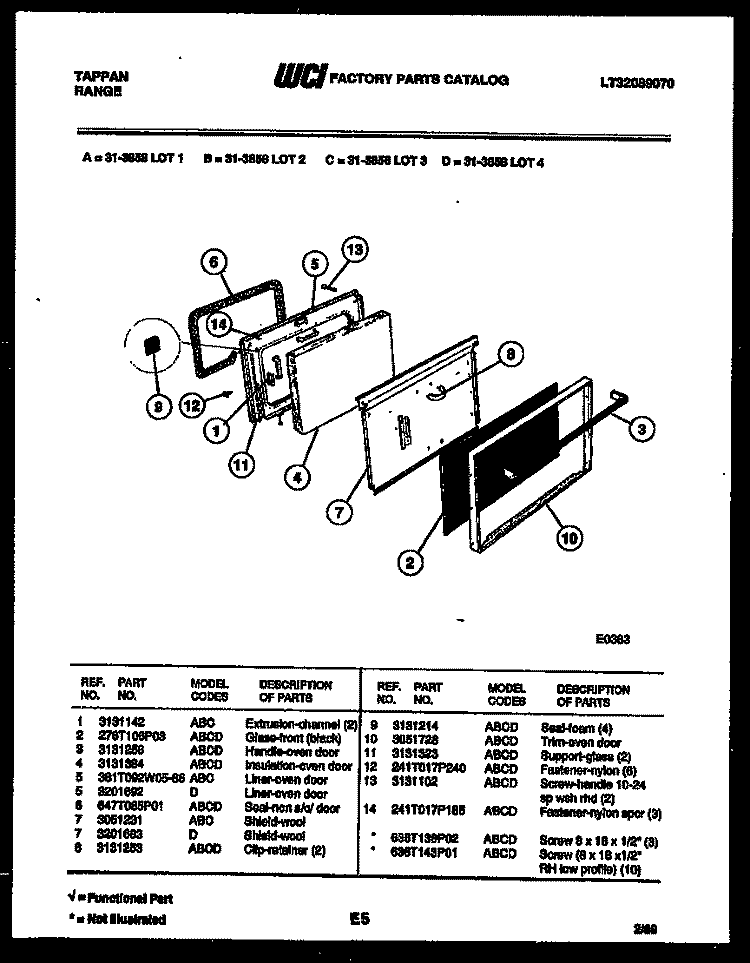 DOOR PARTS Diagram and Parts List for 31-3858-23-01  Tappan Range