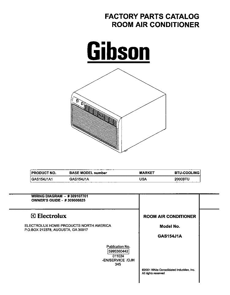 COVER Diagram and Parts List for GAS154J1A1  Gibson Air Conditioner