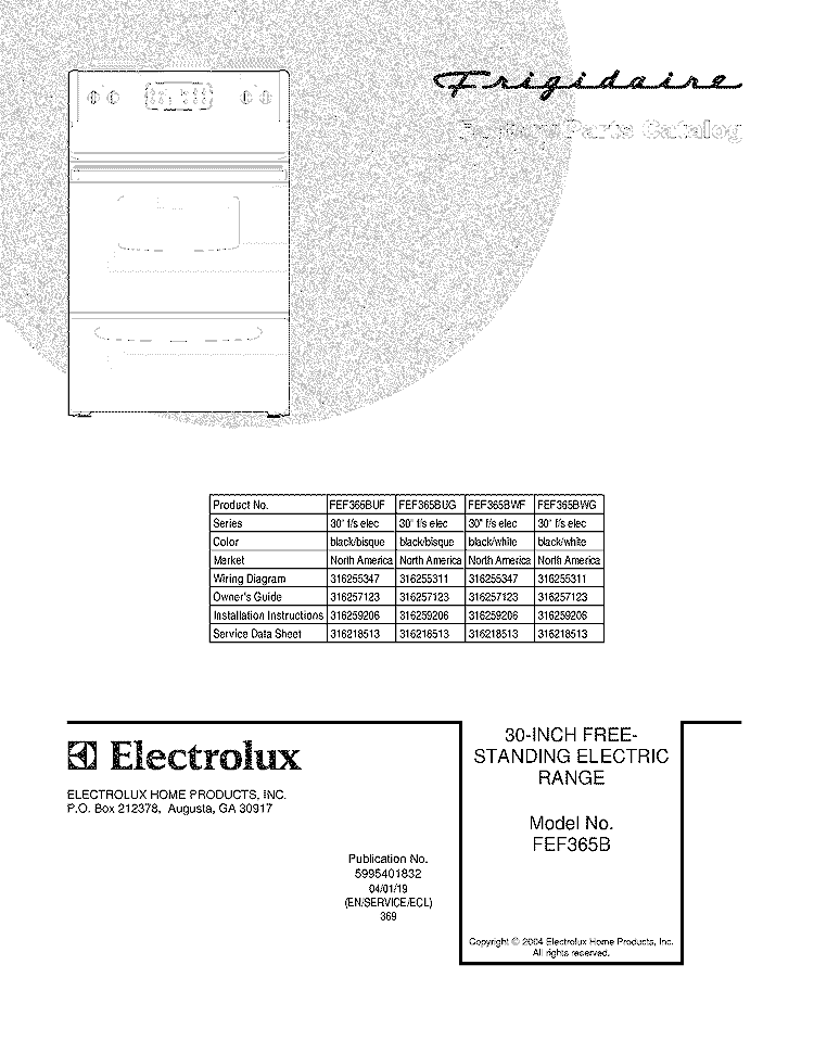 COVER Diagram and Parts List for FEF365BWG  Frigidaire Range