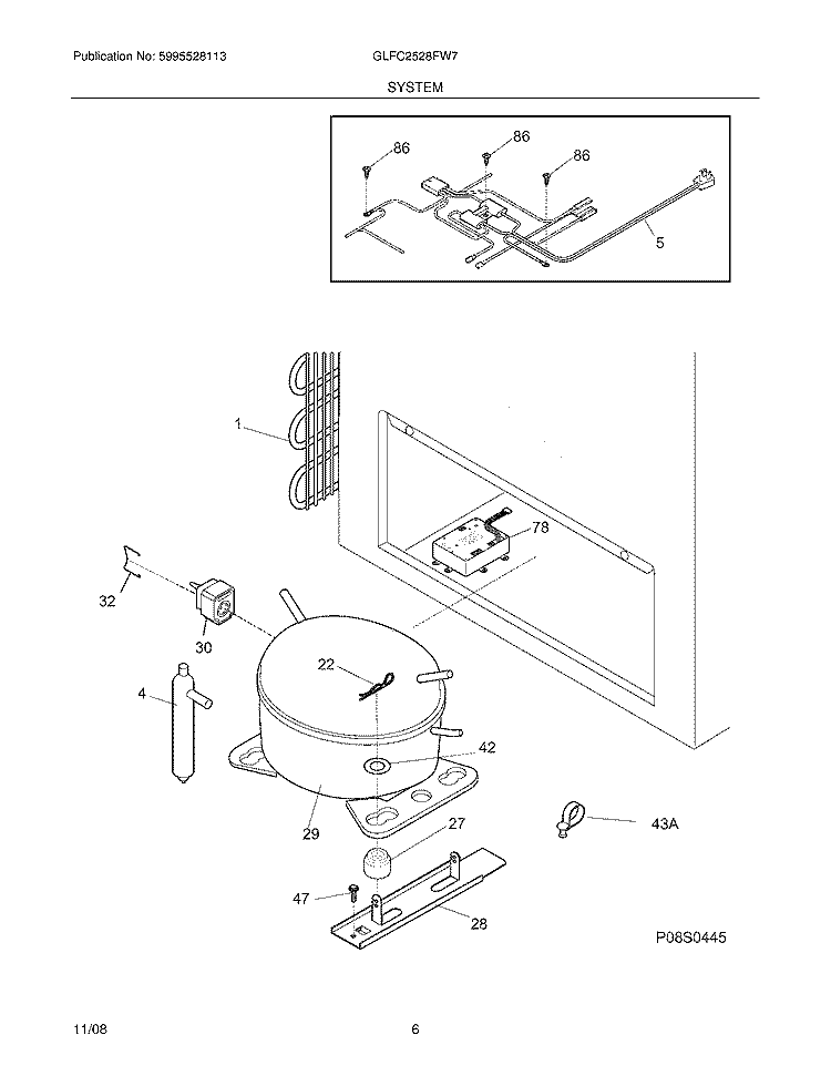 SYSTEM Diagram and Parts List for GLFC2528FW7  Frigidaire Freezer