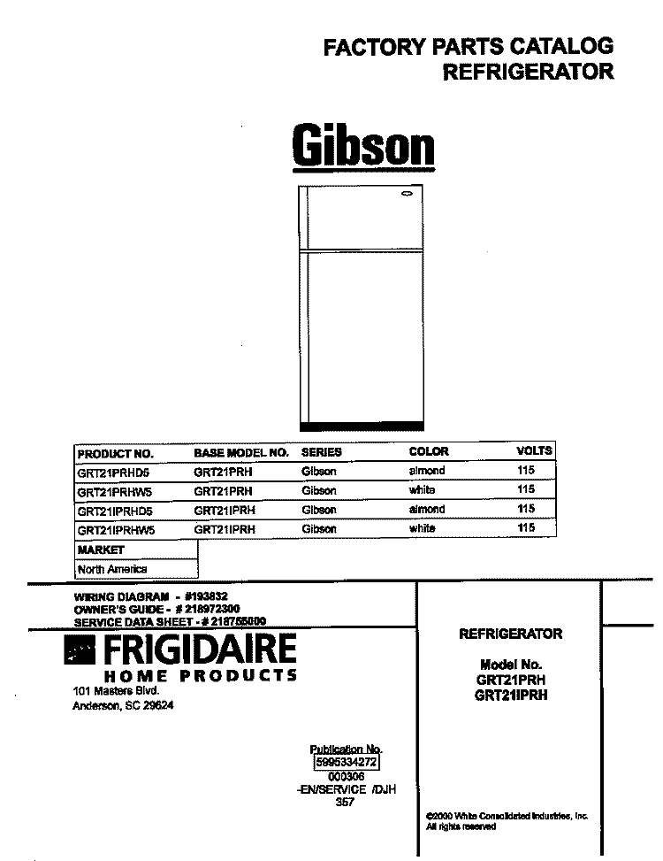 COVER Diagram and Parts List for GRT21IPRHD5  Gibson Refrigerator