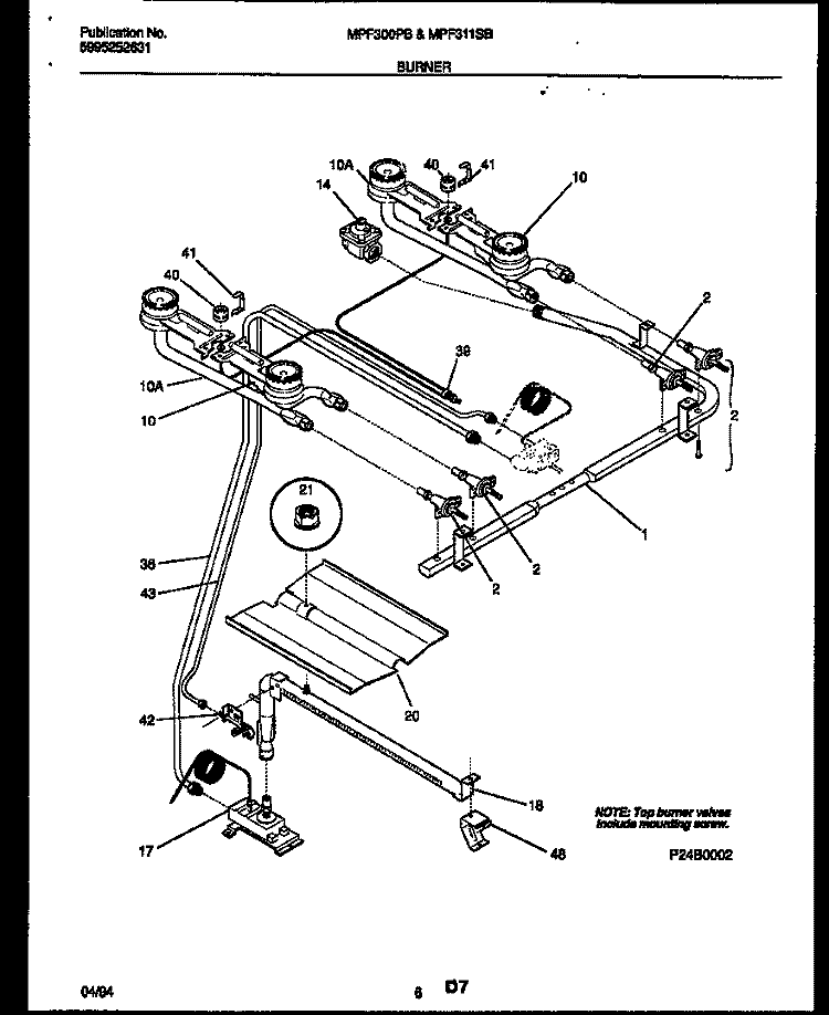 BURNER, MANIFOLD AND GAS CONTROL Diagram and Parts List for MPF300PBDA  Frigidaire Range