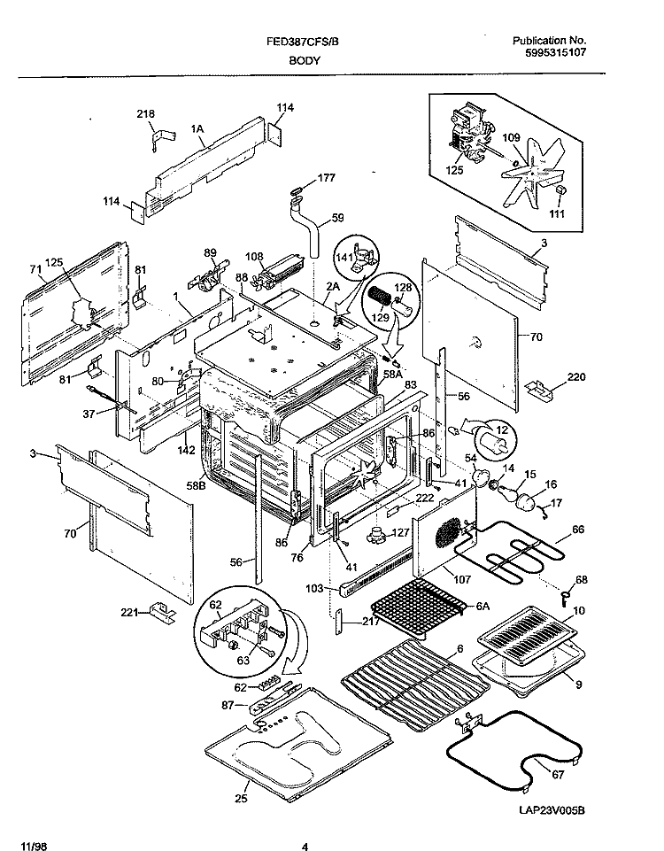 BODY Diagram and Parts List for FED387CFBE  Frigidaire Wall Oven