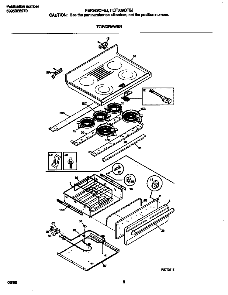 TOP / DRAWER Diagram and Parts List for FEF389CFSJ  Frigidaire Range