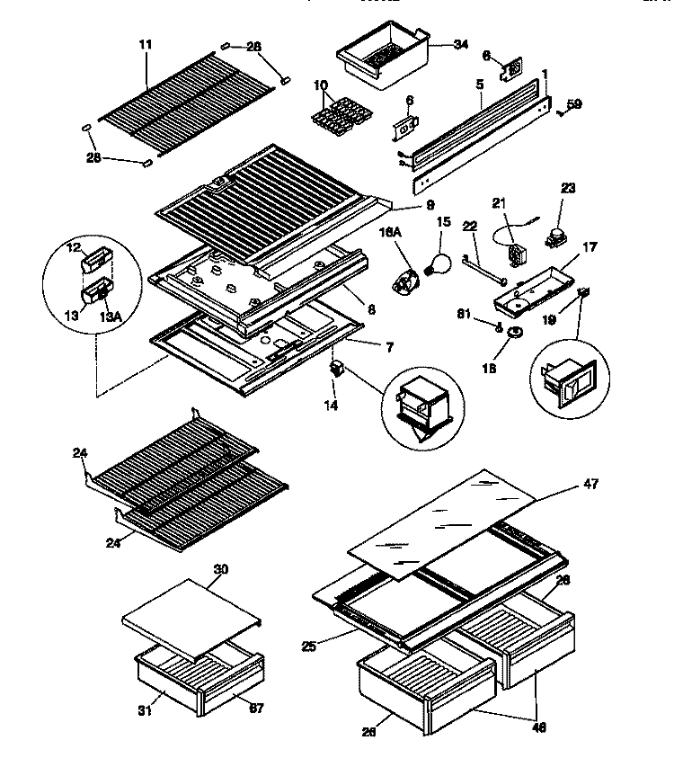 SHELVES / CONTROLS Diagram and Parts List for MRT18GRCD1  Frigidaire Refrigerator