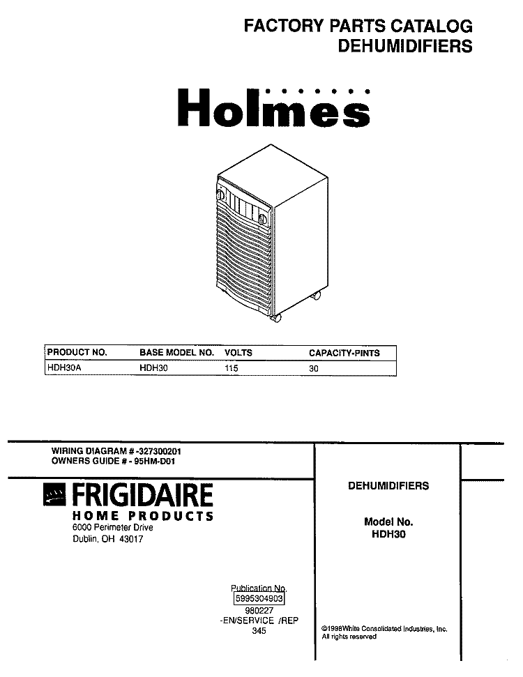 COVER Diagram and Parts List for HDH30A  Frigidaire Dehumidifier