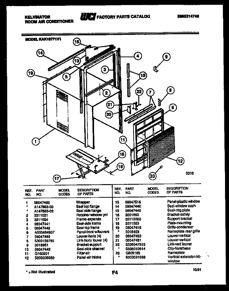 CABINET AND INSTALLATION PARTS Diagram and Parts List for KAK107P1V1  Kelvinator Air Conditioner