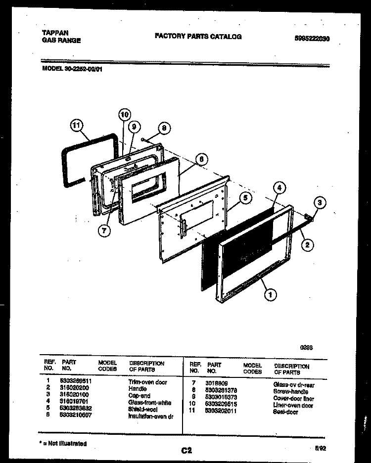 DOOR PARTS Diagram and Parts List for 30-2252-00-01  Tappan Range