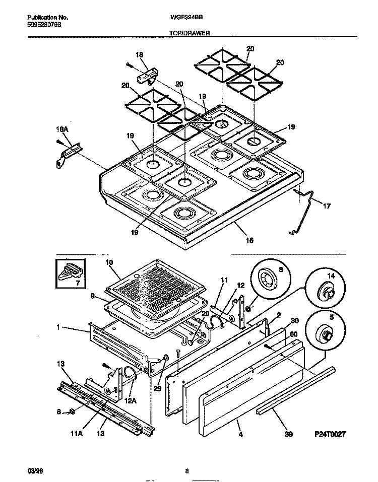 TOP / DRAWER Diagram and Parts List for WGF324BBDB  Frigidaire Range