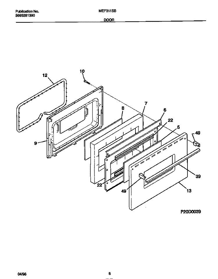 DOOR Diagram and Parts List for MEF305PBWD  Frigidaire Range