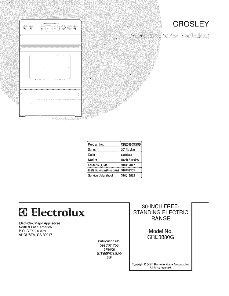 COVER Diagram and Parts List for CRE3880GSSB  Crosley Range