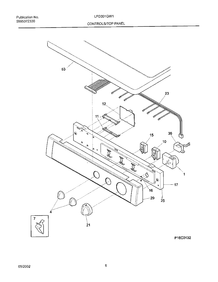 CONTROLS / TOP PANEL Diagram and Parts List for LFD301GW1  Frigidaire Dryer