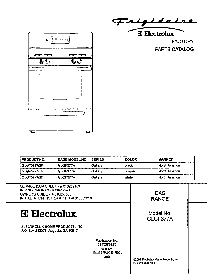 COVER Diagram and Parts List for GLGF377AQF  Frigidaire Range