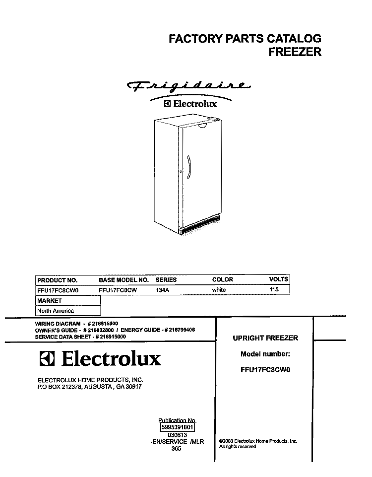 COVER Diagram and Parts List for FFU17FC8CW0  Frigidaire Freezer