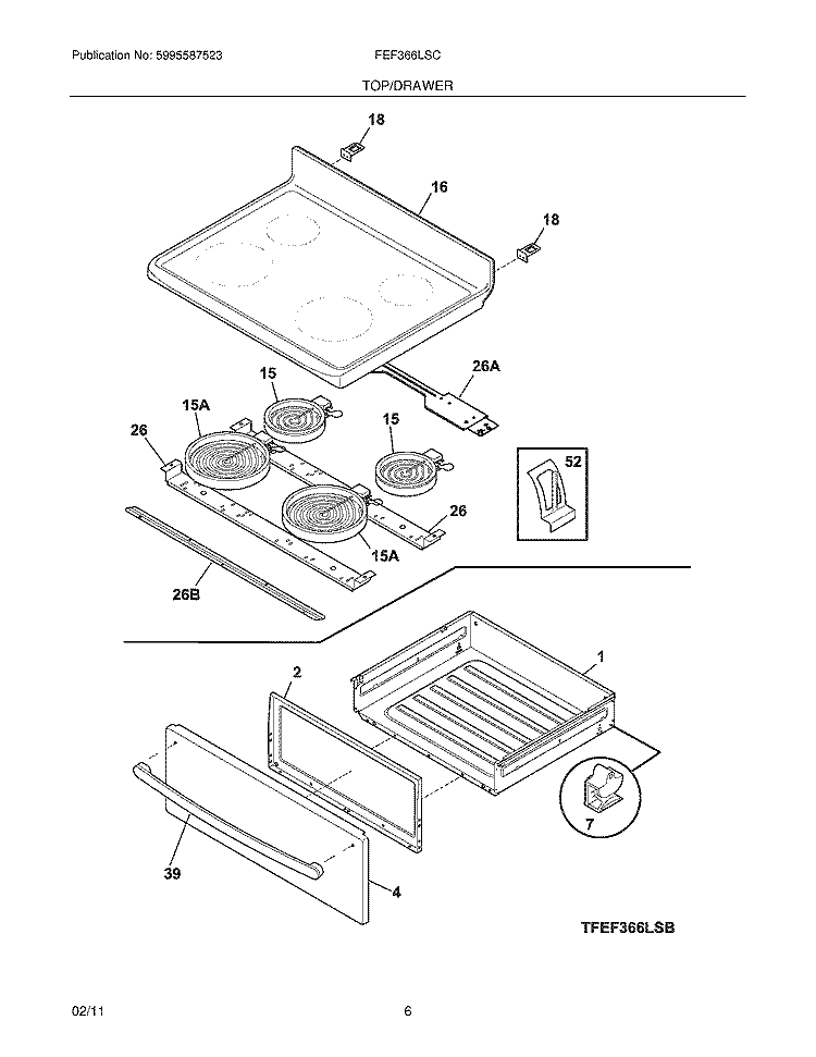 TOP/DRAWER Diagram and Parts List for FEF366LSC  Frigidaire Range