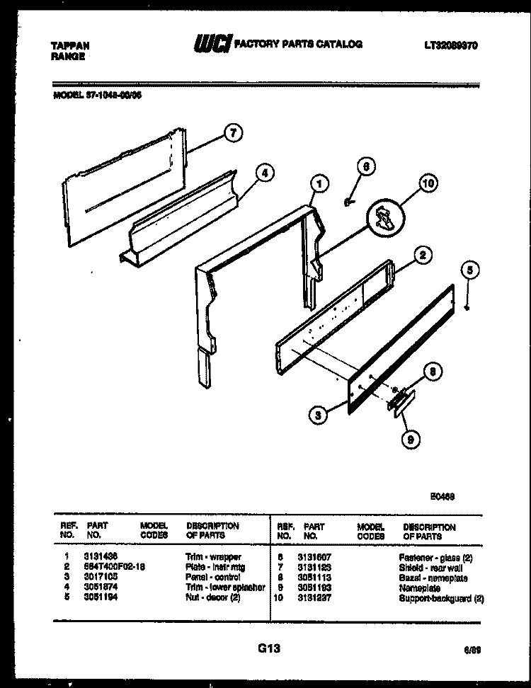 BACKGUARD Diagram and Parts List for 37-1048-66-05  Tappan Range