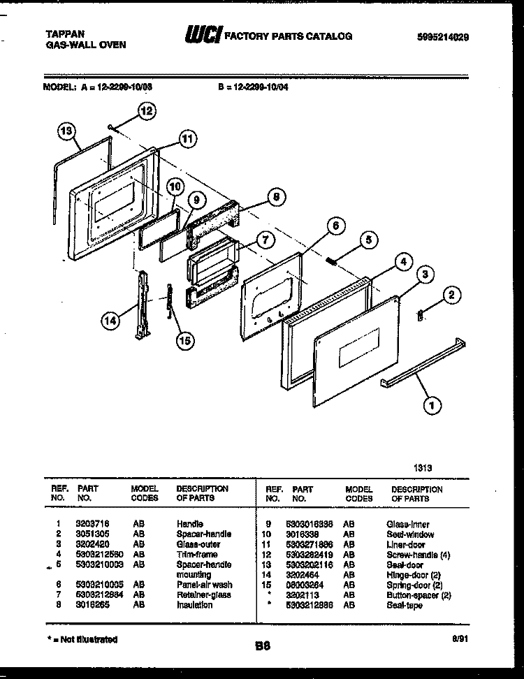 DOOR PARTS Diagram and Parts List for 12-2299-00-03  Tappan Wall Oven