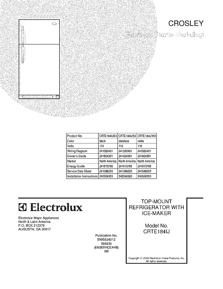 COVER Diagram and Parts List for CRTE184IJS3  Frigidaire Refrigerator