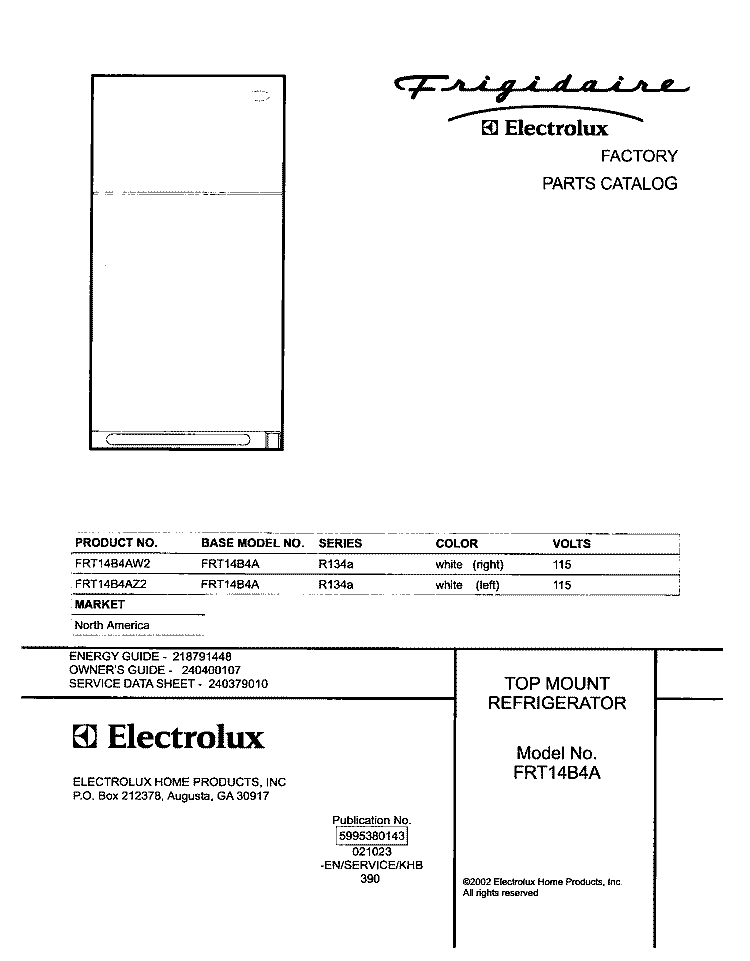 COVER Diagram and Parts List for FRT14B4AW2  Frigidaire Refrigerator