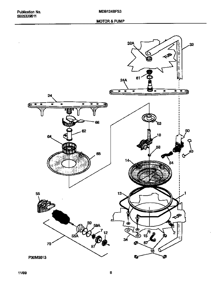MOTOR Diagram and Parts List for MDB124BFS3  Frigidaire Dishwasher