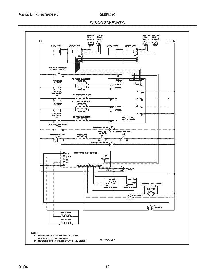 WIRING SCHEMATIC Diagram and Parts List for GLEF396CQD  Frigidaire Range