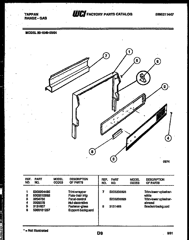 BACKGUARD Diagram and Parts List for 30-1049-00-04  Tappan Range