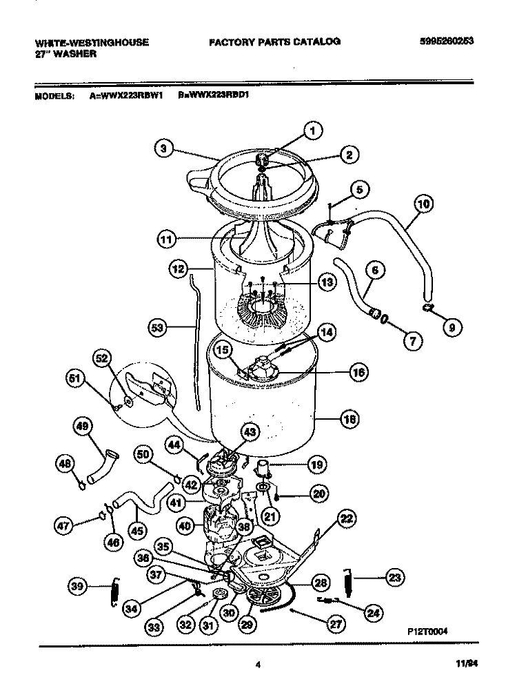 TUBS, HOSESS, MOTOR Diagram and Parts List for WWX223RBD1  Frigidaire Washer