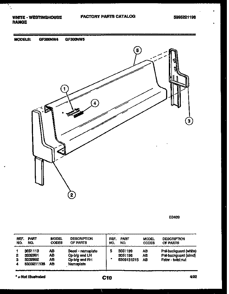 BACKGUARD Diagram and Parts List for GF300NW5  Frigidaire Range