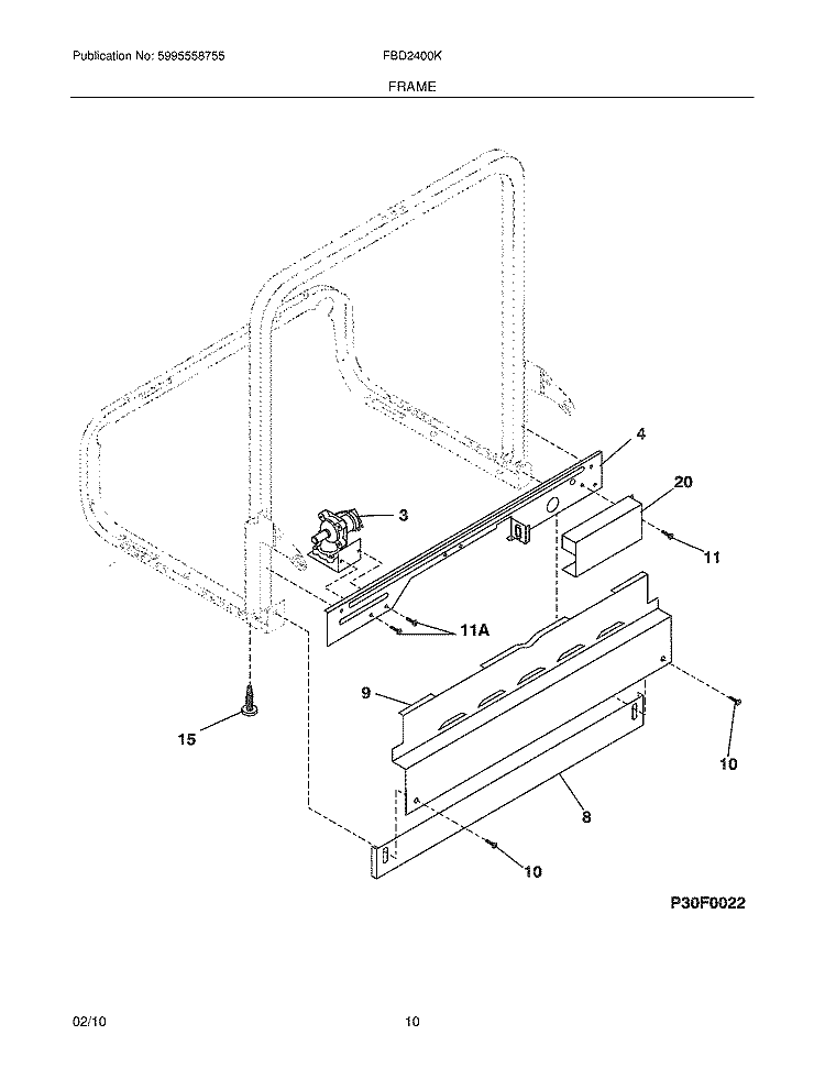 FRAME Diagram and Parts List for FBD2400KQ2A  Frigidaire Dishwasher