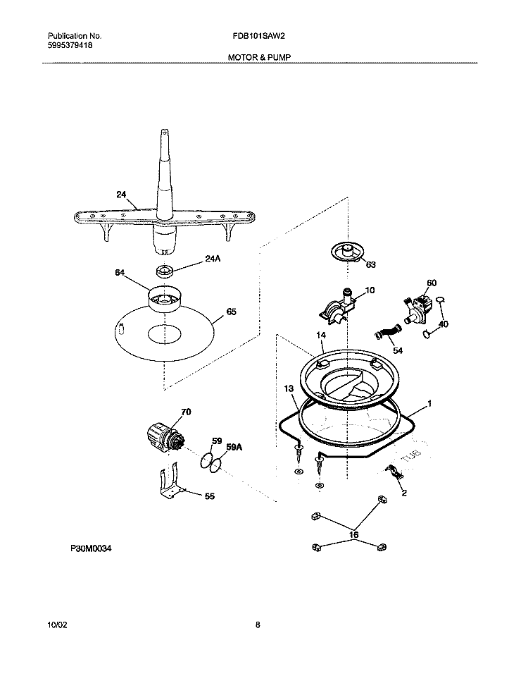 MOTOR & PUMP Diagram and Parts List for FDB101SAW2  Frigidaire Dishwasher