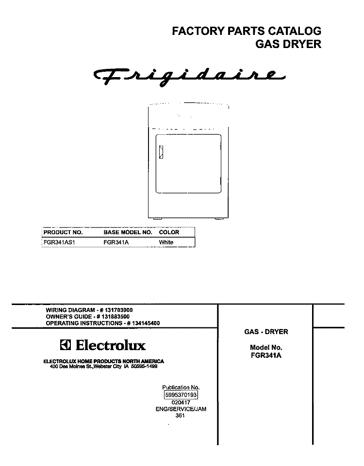 COVER Diagram and Parts List for FGR341AS1  Frigidaire Dryer