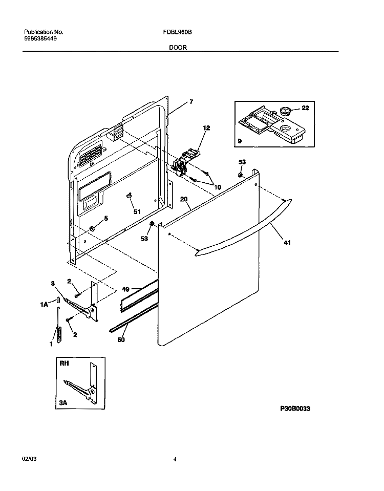DOOR Diagram and Parts List for FDBL960BS1  Frigidaire Dishwasher