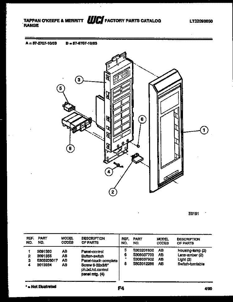 CONTROL PANEL Diagram and Parts List for 57-2707-00-03  Tappan Microwave