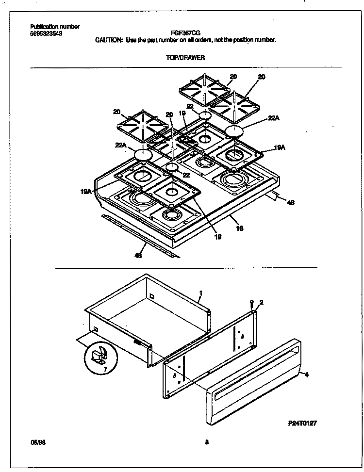 TOP / DRAWER Diagram and Parts List for FGF367CGTD  Frigidaire Range