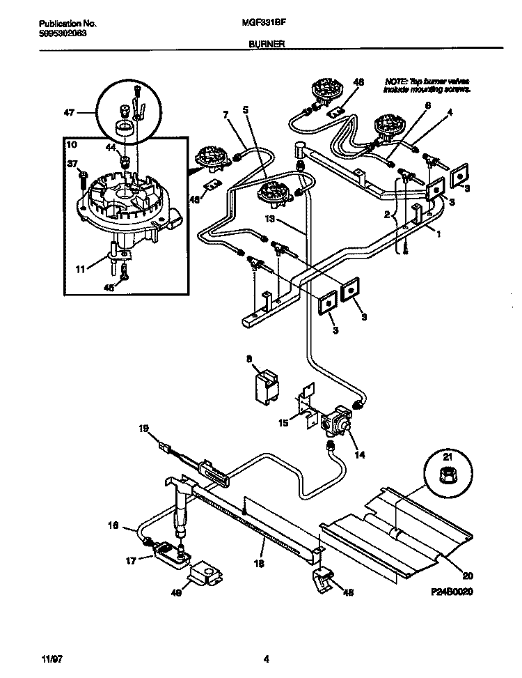 BURNER Diagram and Parts List for MGF331BFDB  Frigidaire Range