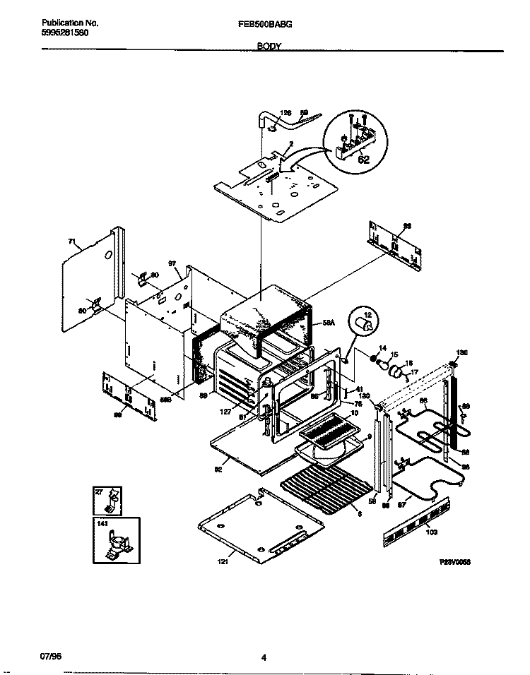 BODY Diagram and Parts List for FEB500BABG  Frigidaire Wall Oven