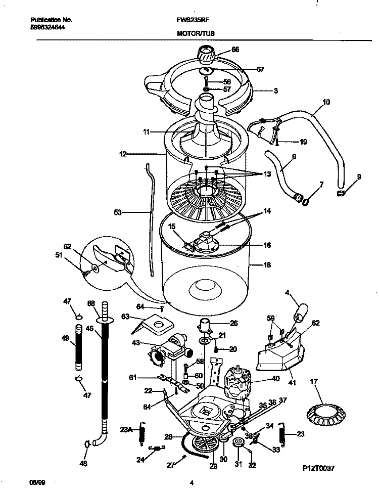 P12T0037 WSHR MTR, HOSE Diagram and Parts List for FWS235RFS4  Frigidaire Washer