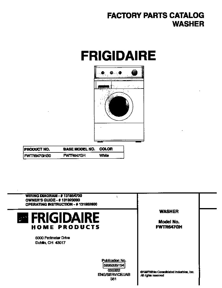 COVER Diagram and Parts List for FWTR647GHS0  Frigidaire Washer