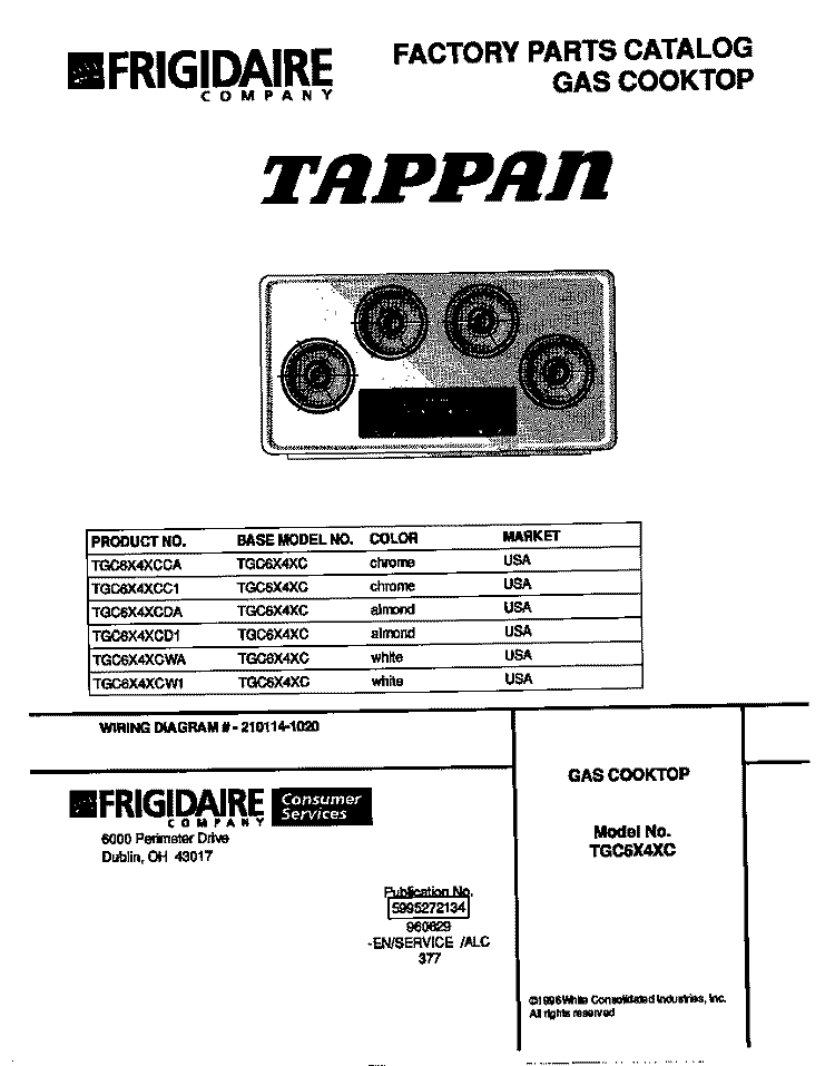 COVER Diagram and Parts List for TGC6X4XCCA  Tappan Cooktop