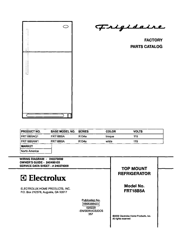 COVER Diagram and Parts List for FRT18B5AW1  Frigidaire Refrigerator