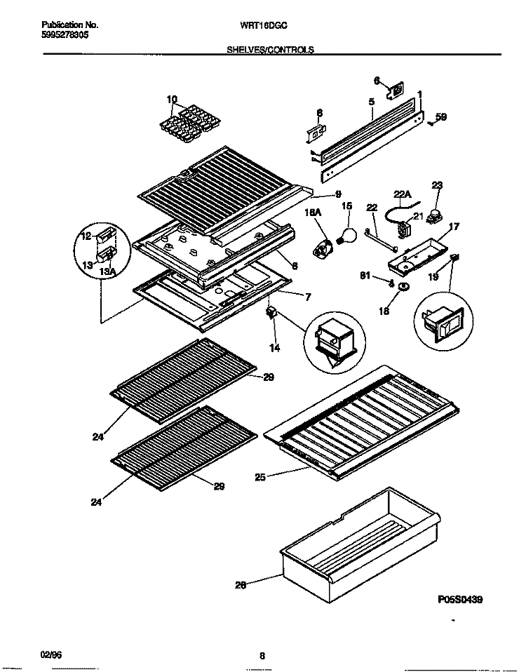 SHELVES / CONTROLS Diagram and Parts List for WRT16DGCD2  Frigidaire Refrigerator