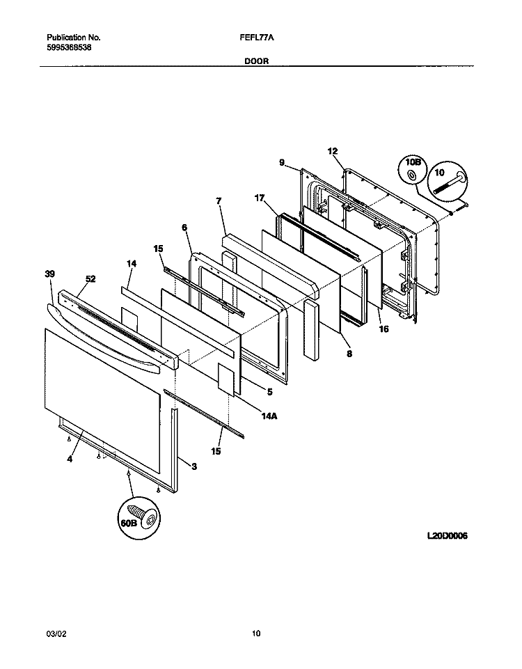 DOOR Diagram and Parts List for FEFL77ABE  Frigidaire Range