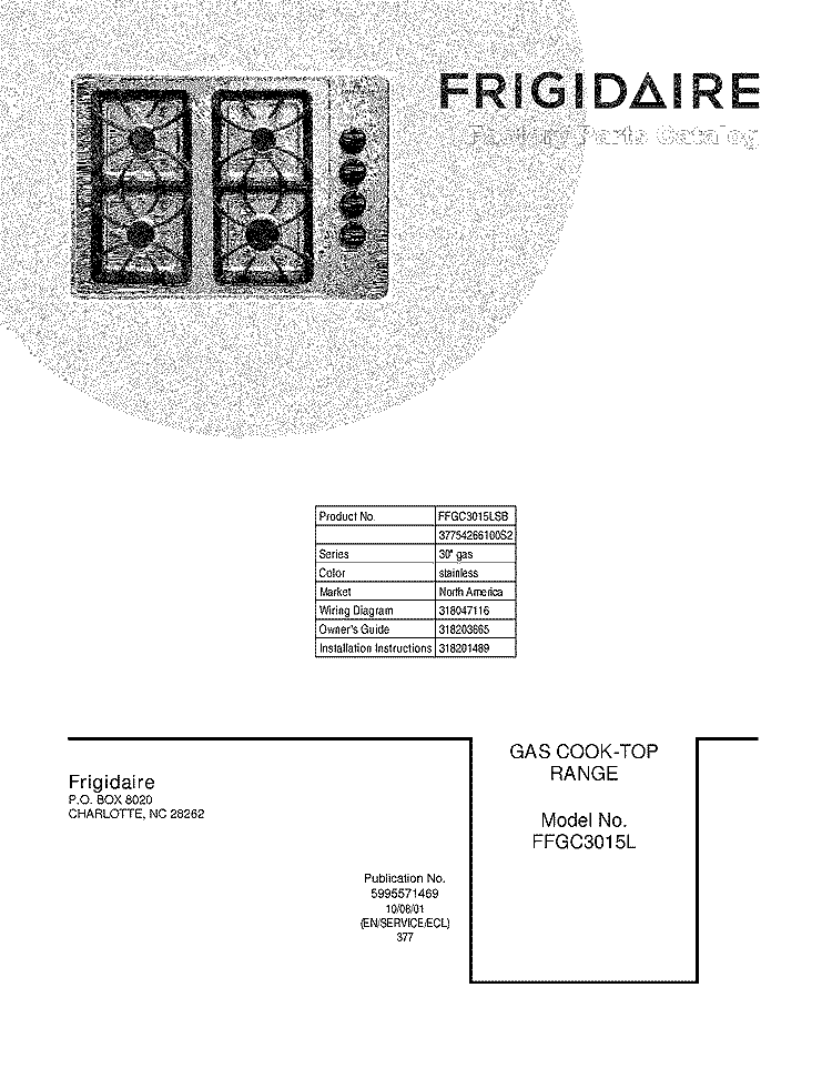 COVER Diagram and Parts List for FFGC3015LSB  Frigidaire Cooktop
