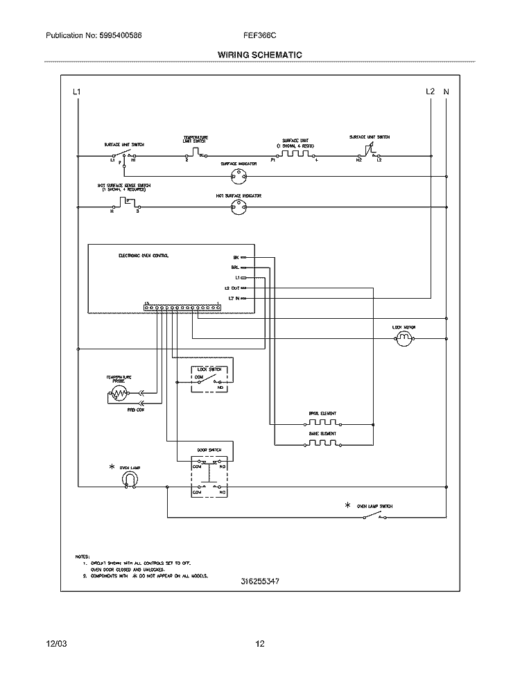 WIRING SCHEMATIC Diagram and Parts List for FEF366CBC  Frigidaire Range