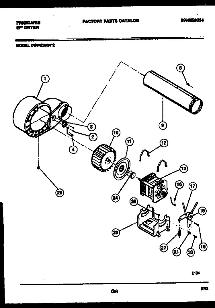 BLOWER AND DRIVE PARTS Diagram and Parts List for DG6420RW2  Frigidaire Dryer