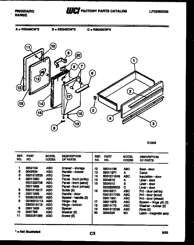 DOOR AND DRAWER PARTS Diagram and Parts List for REG46CW3  Frigidaire Range